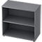 Gray shelf with two levels. Minimalist design, free-standing.