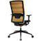 Achteraanzicht van een ergonomische bureaustoel met een mosterdgele mesh rugleuning en zwart frame op wielen.