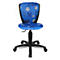 Blue children's chair with football motif. Black elements on the backrest and frame. White background.