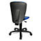 Back view of a black office chair with a blue seat. Backrest with holes, adjustable. Rolling feet.