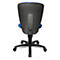 View of an office chair from the back, black back with holes, blue upholstery.