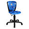 Blue children's swivel chair with a soccer motif. The chair has a black base and casters.