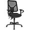 Black office chair with mesh back and armrests on wheels.