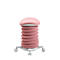 Ein rosa ergonomischer Bürostuhl. Der Sitz ist rund, die Säule geriffelt und die Basis hat Rollen.