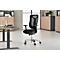 Black office chair with mesh back and armrests in front of a window. The base is silver.