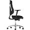 Black office chair, side view, with wheels, armrests and a silver base.
