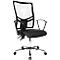 Black office chair with mesh back, armrests, chrome base and castors.