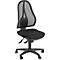 Black office chair with mesh back and castors. The seat is padded.