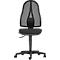 Black office chair, back view, with mesh back. Height adjustable, on wheels.