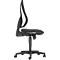 Profile view of a black office chair with mesh back. Chair is height-adjustable and has wheels.