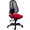 Office chair with red seat, black mesh back and frame.