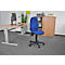 Office chair with a blue seat. To the right of it is a desk with a computer and cabinet.