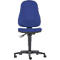 Blue office chair with backrest and seat on a black base with castors.