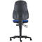 Office chair from behind, black backrest, blue seat, five castors.