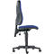 Office chair in profile. The backrest is grey and blue, the seat is blue. On a black base with castors.