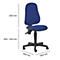Blue office chair with black wheels and dimensions.