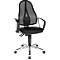 Black office chair with mesh back and armrests, on silver castors.