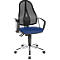 Office chair with black mesh back and blue seat. Chrome frame with castors. Armrests integrated.