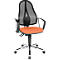 Office chair with mesh back, orange seat, black armrests and chrome base.