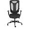 Black office chair with mesh back and armrests on casters.