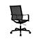 Black office chair with mesh back, armrests, castors, and a sturdy base.