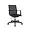 Black office chair with mesh back and armrests against a white background.