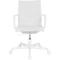 White office chair with wheels and armrests, frontal view. The chair has a high back and a minimalist design.