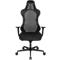 Black office chair, back view. The chair has a mesh back and a padded seat.