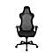 Black office chair, back view. Mesh backrest, padded seat, armrests, and castors.
