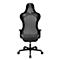 Black office chair, back view. The chair has a mesh structure in the backrest, armrests and a base with castors.