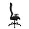 Black office chair with high back, armrests, and wheels. Side view.