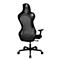 Black office chair, back view. High back with mesh, armrests, five wheels.