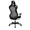 Black office chair from the back, ergonomically shaped, with mesh back and castors.