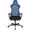 Blue office chair with mesh back and black seat. The chair stands on castors.