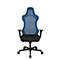 Office chair with blue mesh back and black seat. Armrests and five casters.