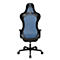 Black office chair back with blue mesh and five wheels.