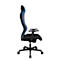 Black office chair from the side. Blue backrest, black seat. On wheels, armrests.
