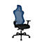 Office chair with blue mesh back and black seat. Black armrests and base with wheels.