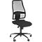 Black office chair with mesh back, castors and height adjustment.