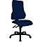 Dark blue office chair, side view. High back, seat, black frame with wheels.