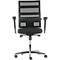 Black office chair with mesh back, armrests and silver elements. The chair stands on a wheeled base.