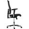 Black office chair, side view, on casters, armrests, backrest with mesh.