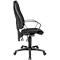 Black office chair with armrests, side view. Backrest and seat padded, on castors.