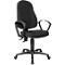 Black office chair with high back and armrests. On a black base with castors.
