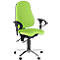 Green office chair with black armrests, chrome base and rollers. The chair is ergonomically shaped.