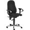 Black office chair with armrests. The chair stands on a silver star base and has castors.