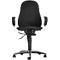 Black office chair from the front. Fabric backrest and seat, armrests, base and frame made of metal.