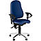 Blue office chair with black armrests and silver base.