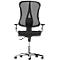 Chaise de bureau noire, dossier en maille, cadre chromé, accoudoirs. Vue détaillée.