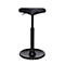 Black standing stool with saddle seat, adjustable height. Metal frame on a round foot.